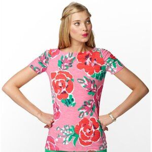 EUC Lilly Pulitzer Pink Floral Ruched Sleeve T-Shirt -- Size XL